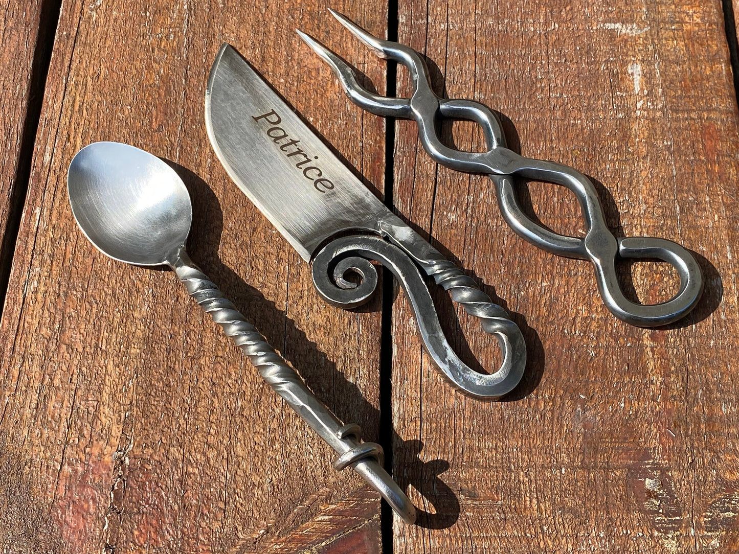 Stainless steel, flatware, cutlery, BBQ fork, fork, spoon, knife, medieval, barbeque, camping, hiking, travelers gift, birthday, anniversary