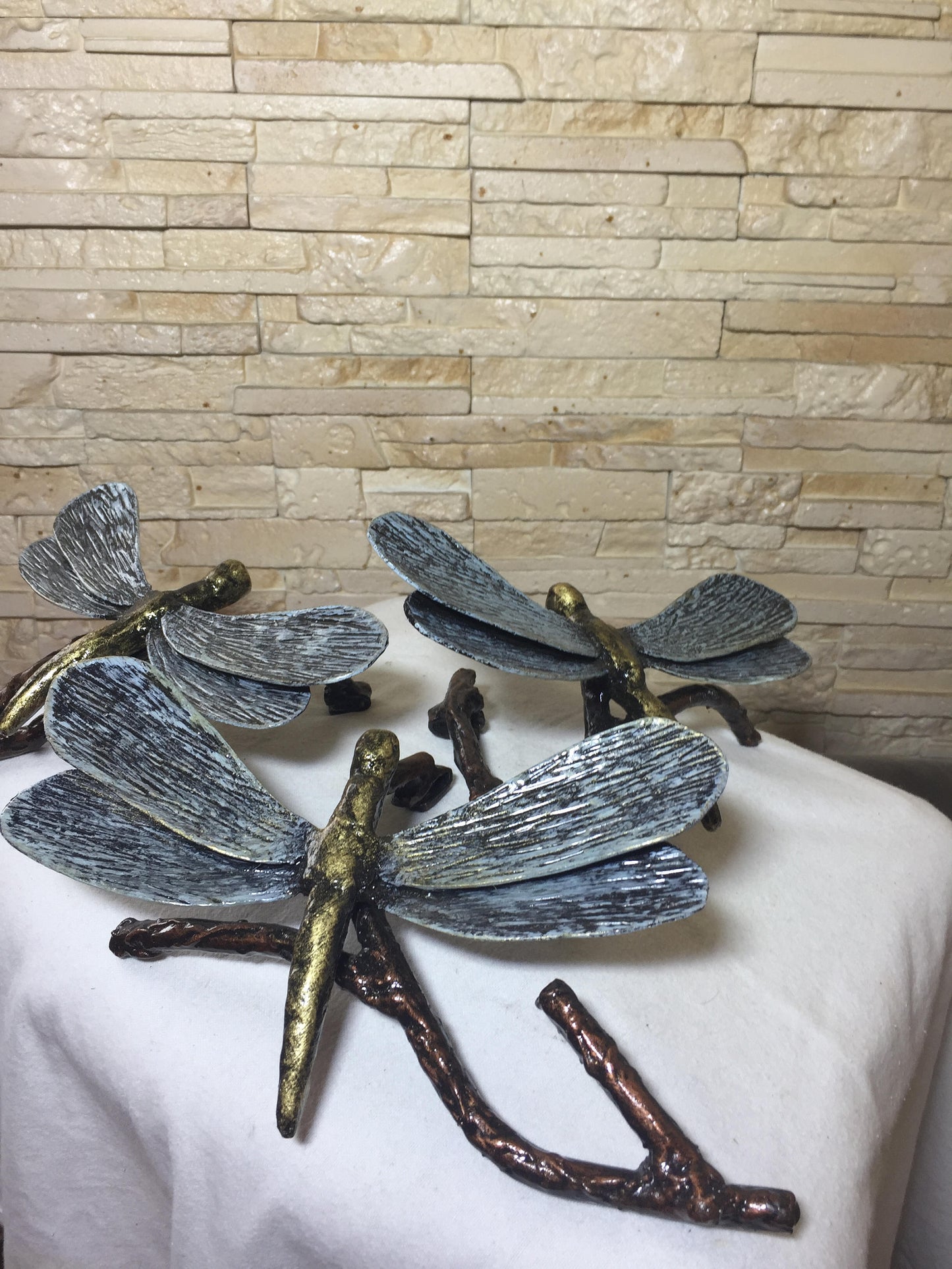 Three metal dragonflies, dragonfly, dragonfly figurine, metal statue, metal statuette, insect figurine, miniature statuette, dragonfly decor