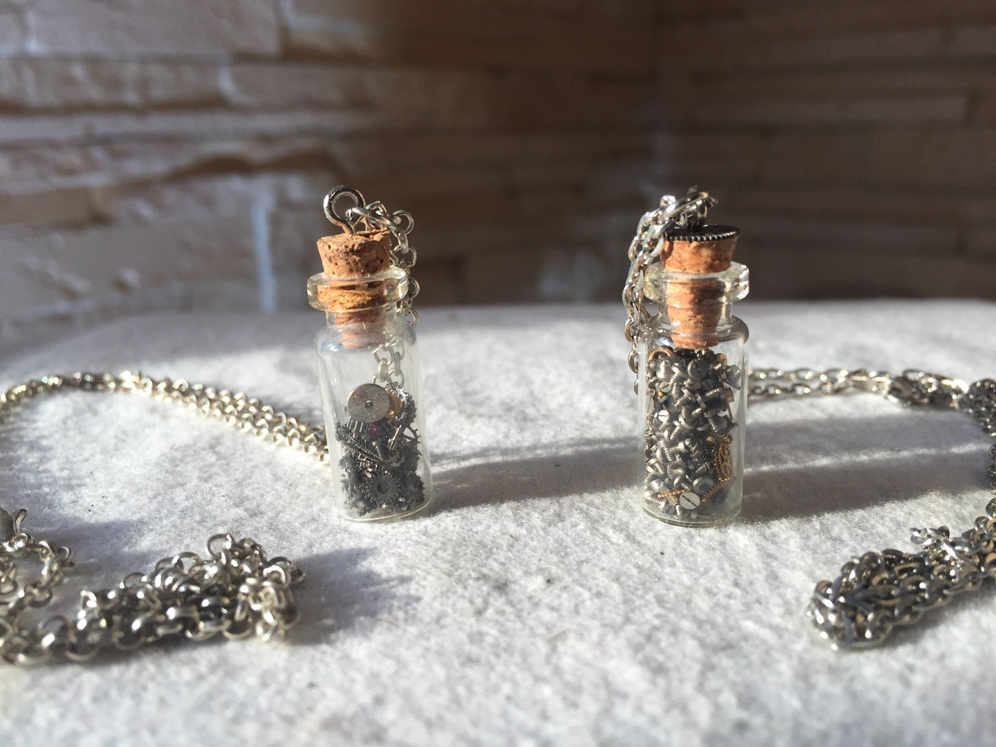 Two steampunk gear bottle necklaces, steampunk pendant, vial pendant, steampunk glass vial, steampunk bottle, steampunk necklace,micro gears