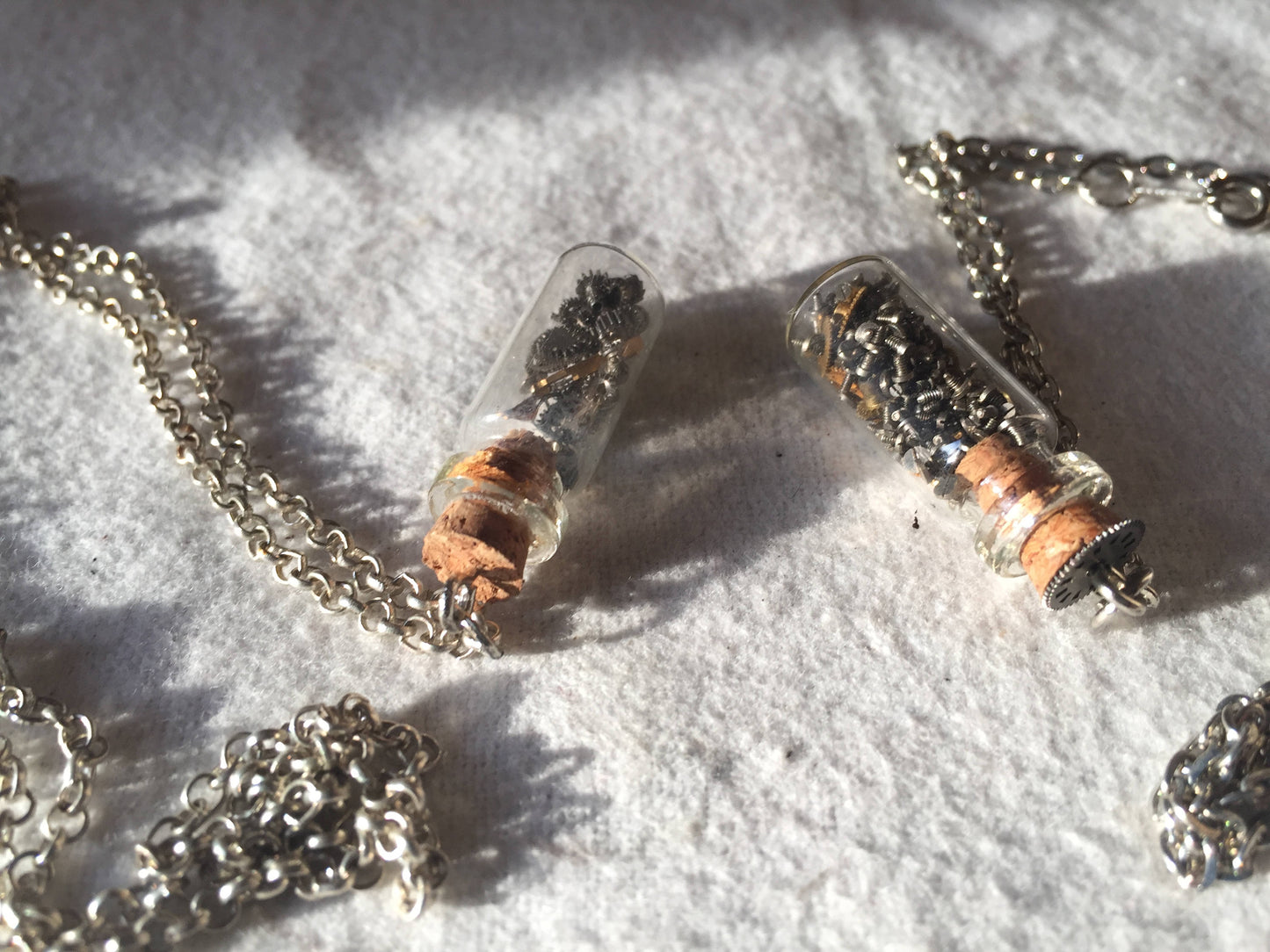 Two steampunk gear bottle necklaces, steampunk pendant, vial pendant, steampunk glass vial, steampunk bottle, steampunk necklace,micro gears
