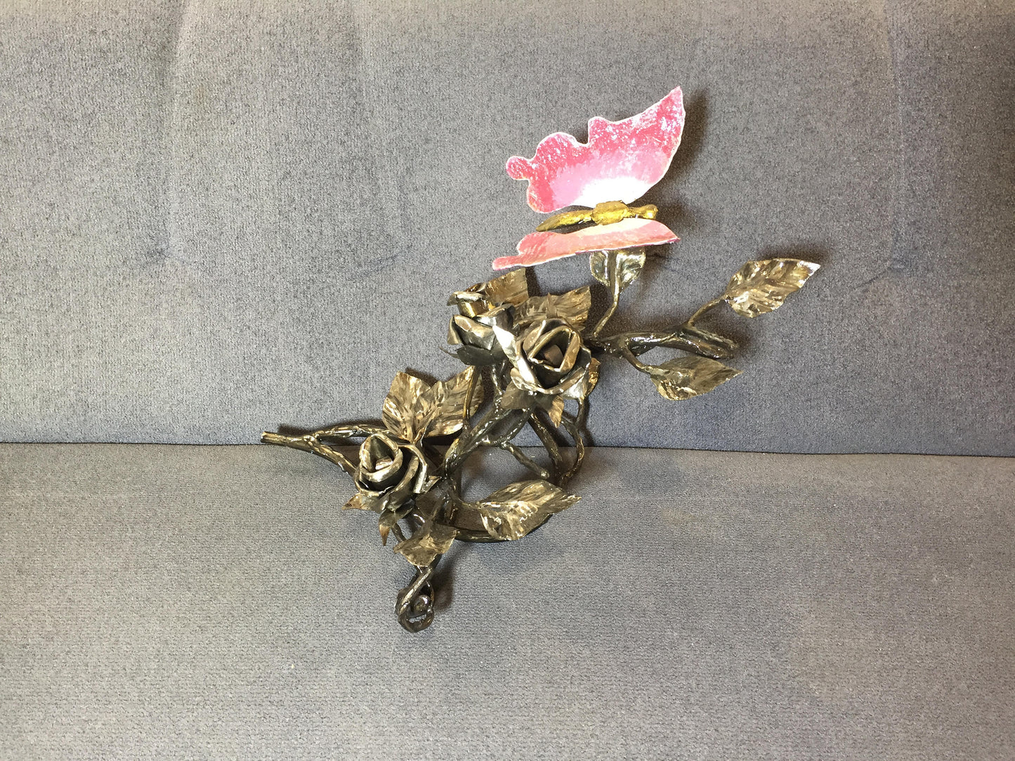 Iron butterfly on iron roses, metal bouquet, iron gift, iron anniversary gift, metal sculpture, steampunk furniture, barn door handle, lily