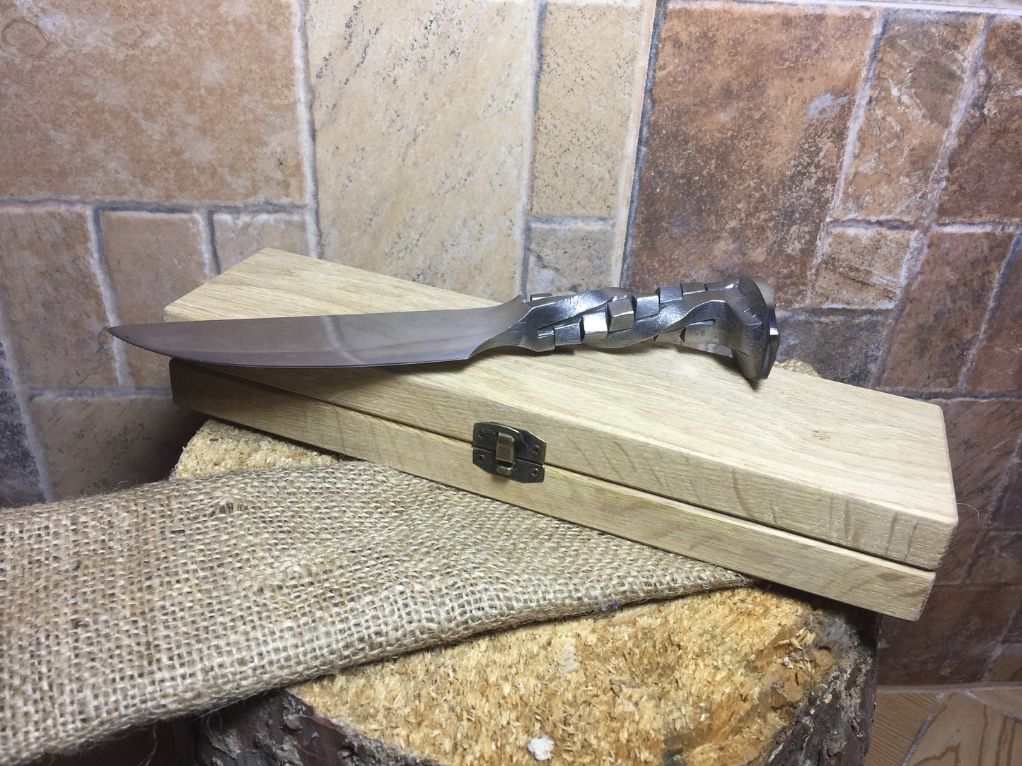 Railroad spike knife in engraved casket/wooden box, iron anniversary gift for him, 6 year anniversary gift for him, industrial art,iron gift