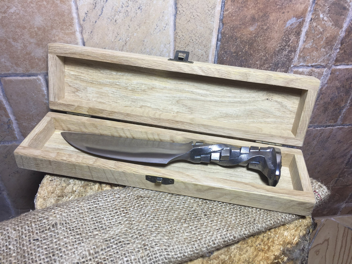 Railroad spike knife in engraved casket/wooden box, iron anniversary gift for him, 6 year anniversary gift for him, industrial art,iron gift