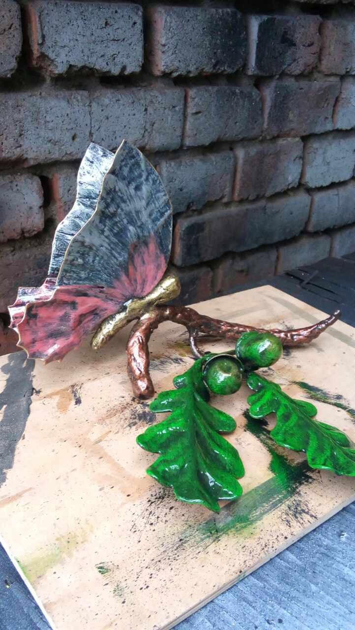 Metal butterfly on an oak branch, hand forged butterfly, metal acorn, metal oak leaf, butterfly figurine, butterfly art, butterfly gifts