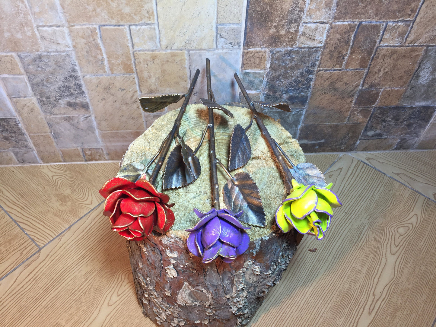 A set of three multi-color roses, 6th anniversary gift for her, iron rose, iron anniversary gift for her, iron gifts for her, iron rose