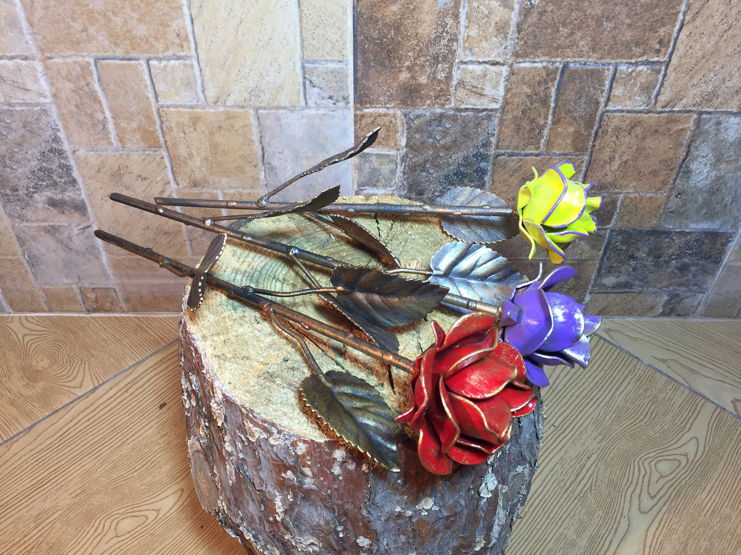 A set of three multi-color roses, 6th anniversary gift for her, iron rose, iron anniversary gift for her, iron gifts for her, iron rose