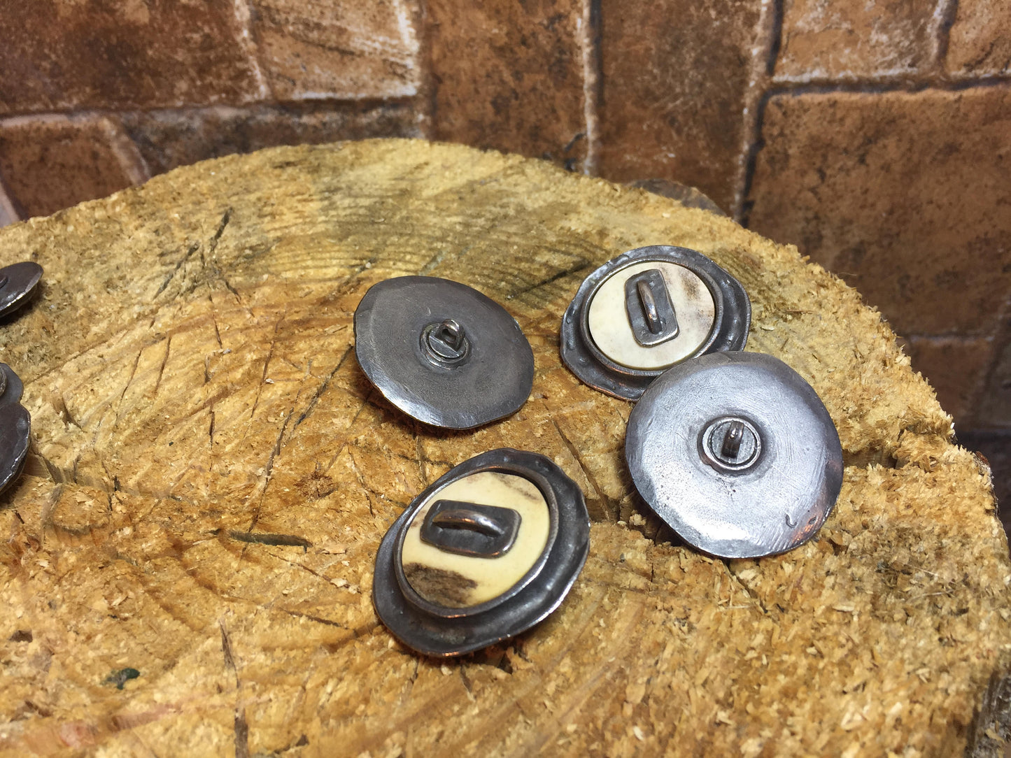 Hand forged sewing buttons, iron and bone buttons, sewing button, sewing supplies, rustic buttons, round buttons, button clasp, coat buttons