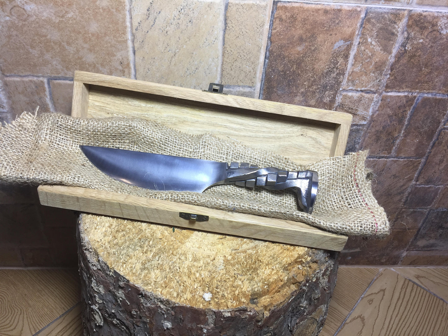 Railroad spike knife in engraved casket/wooden box, iron anniversary gift for him, 6 year anniversary gift for him, industrial art,iron gift