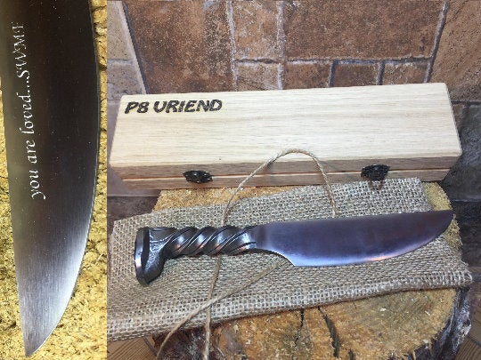 Railroad spike knife in engraved casket/wooden box, iron anniversary gift for him, 6 year anniversary gift for him, industrial art,iron gift