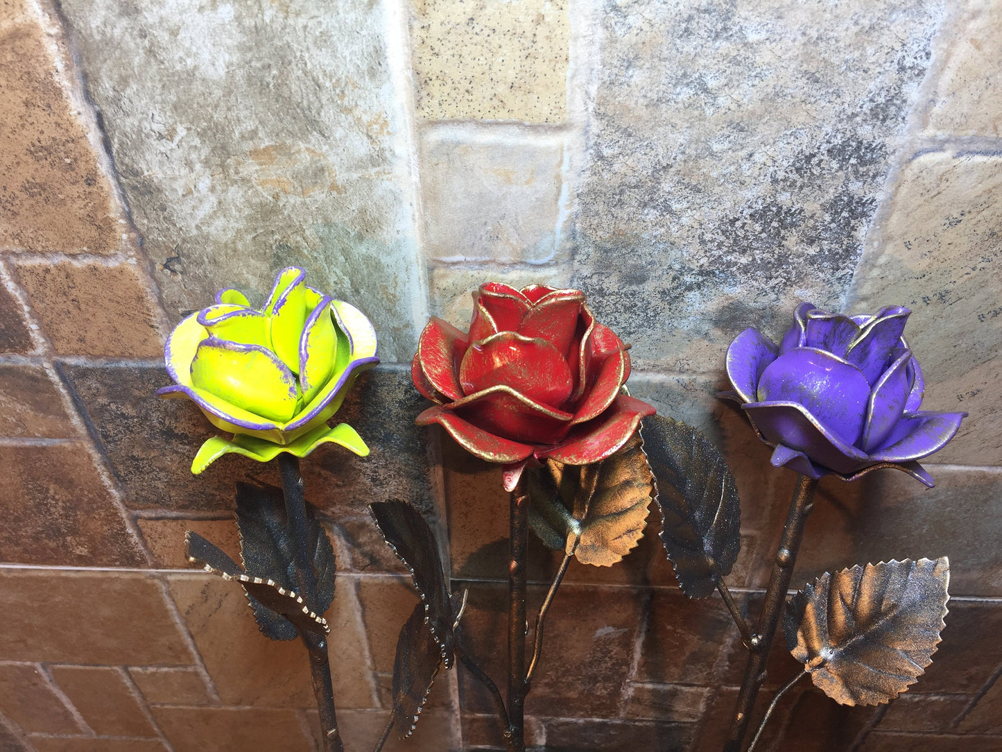 A set of three multi-color roses, 6th anniversary gift for her, iron rose, iron anniversary gift for her, iron gifts for her, iron rose