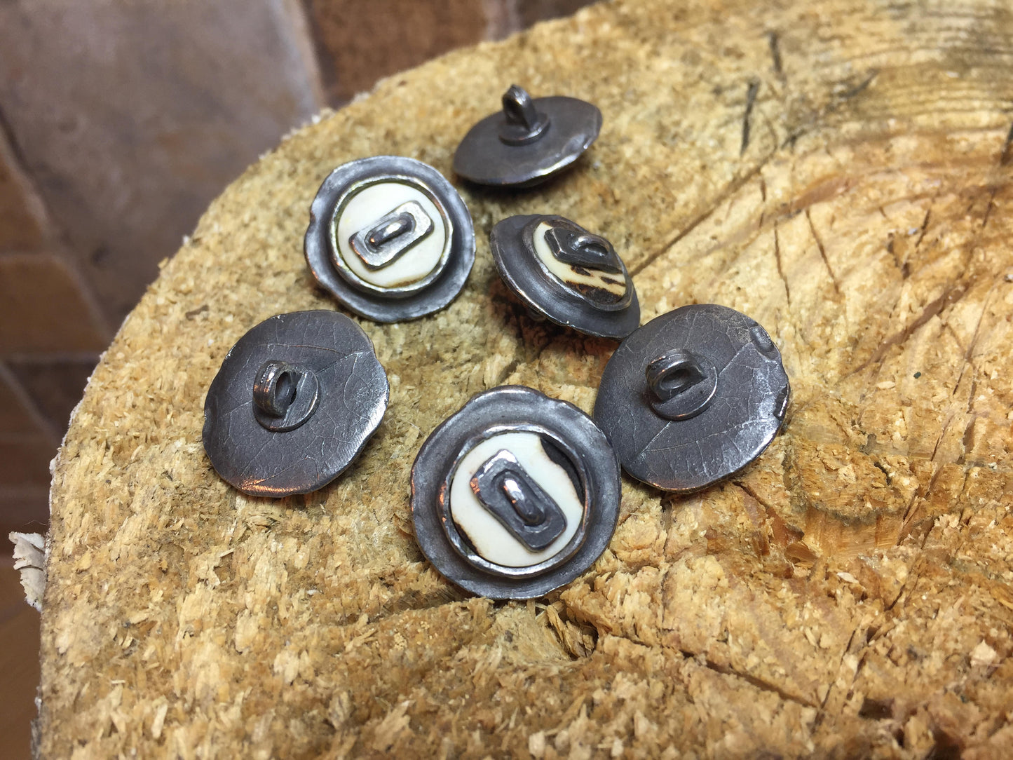 Hand forged sewing buttons, iron and bone buttons, sewing button, sewing supplies, rustic buttons, round buttons, button clasp, coat buttons