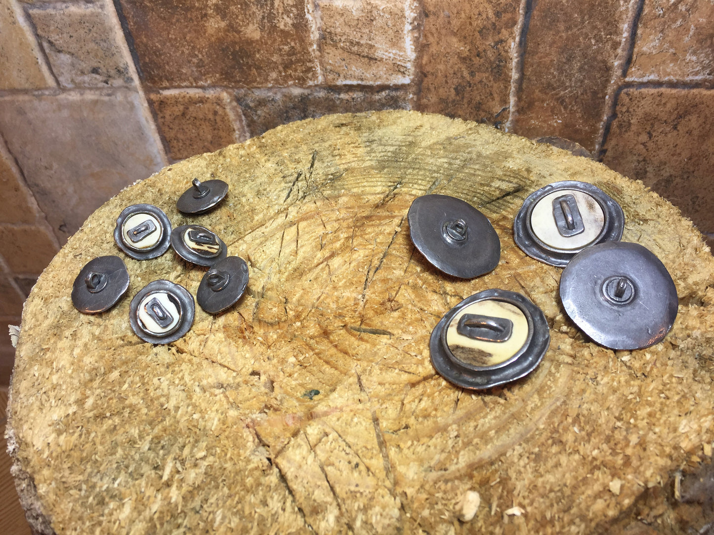 Hand forged sewing buttons, iron and bone buttons, sewing button, sewing supplies, rustic buttons, round buttons, button clasp, coat buttons