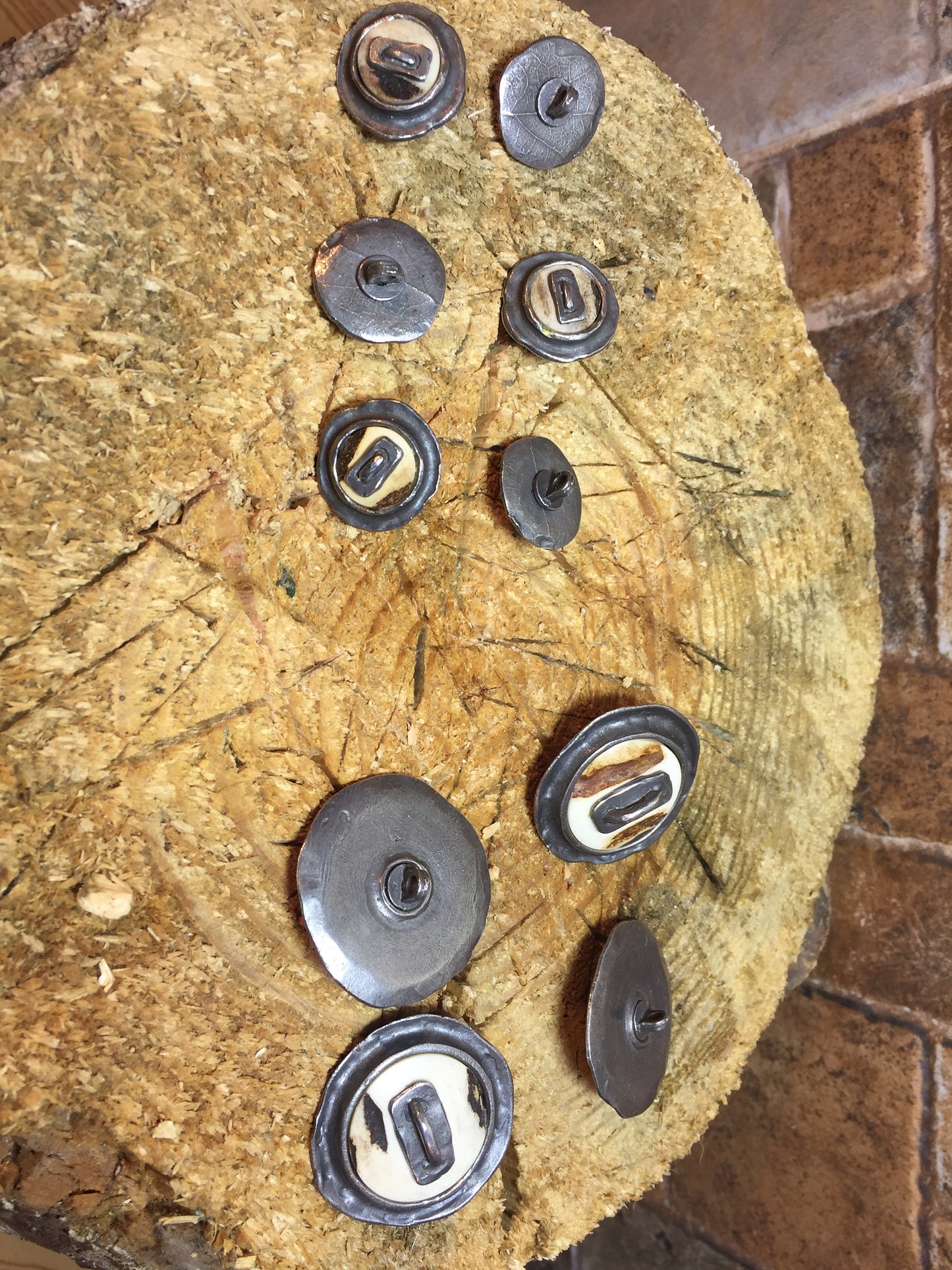 Hand forged sewing buttons, iron and bone buttons, sewing button, sewing supplies, rustic buttons, round buttons, button clasp, coat buttons