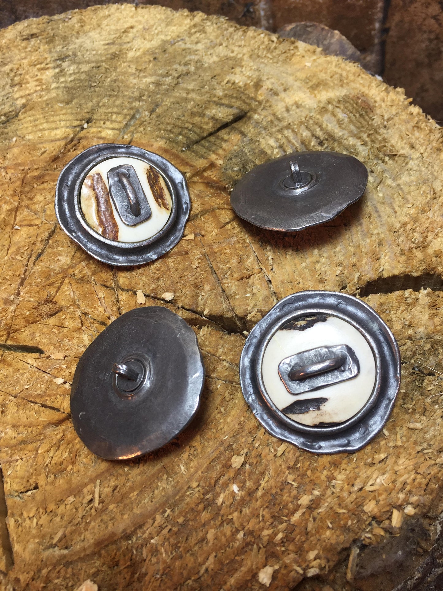 Hand forged sewing buttons, iron and bone buttons, sewing button, sewing supplies, rustic buttons, round buttons, button clasp, coat buttons