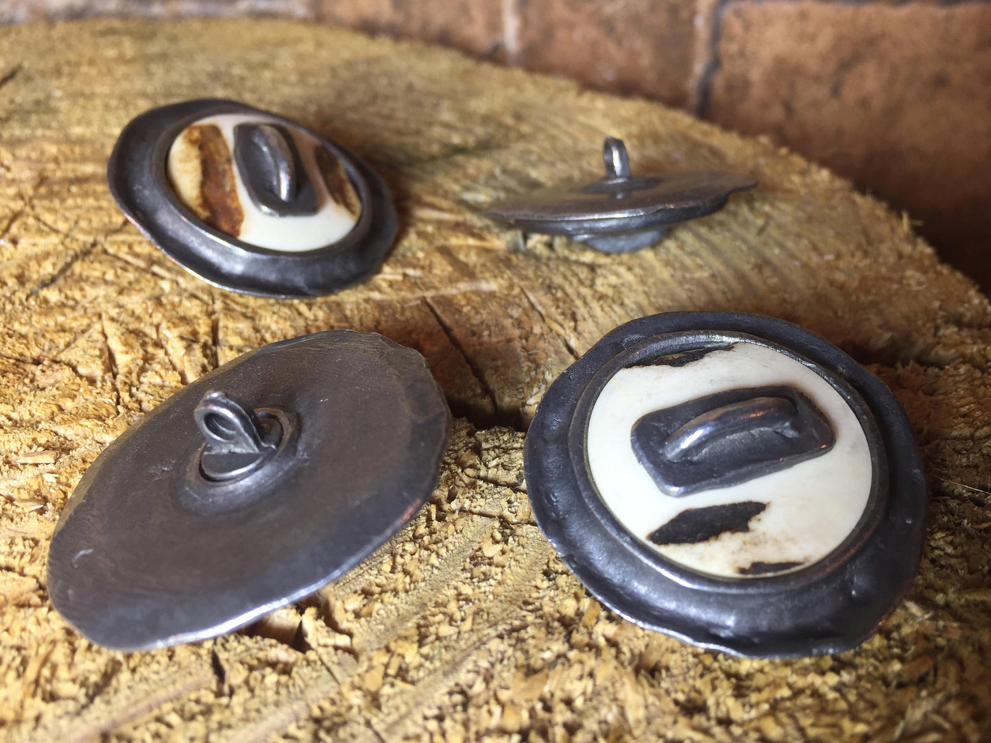 Hand forged sewing buttons, iron and bone buttons, sewing button, sewing supplies, rustic buttons, round buttons, button clasp, coat buttons