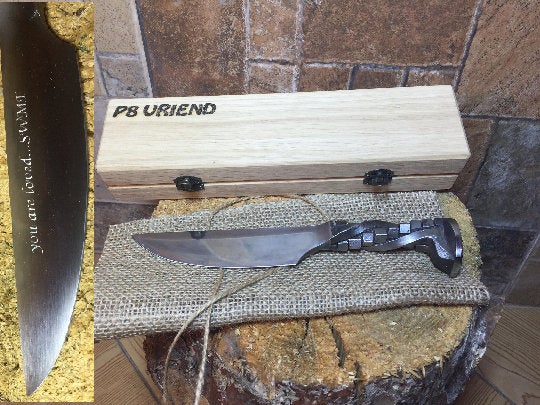 Railroad spike knife in engraved casket/wooden box, iron anniversary gift for him, 6 year anniversary gift for him, industrial art,iron gift