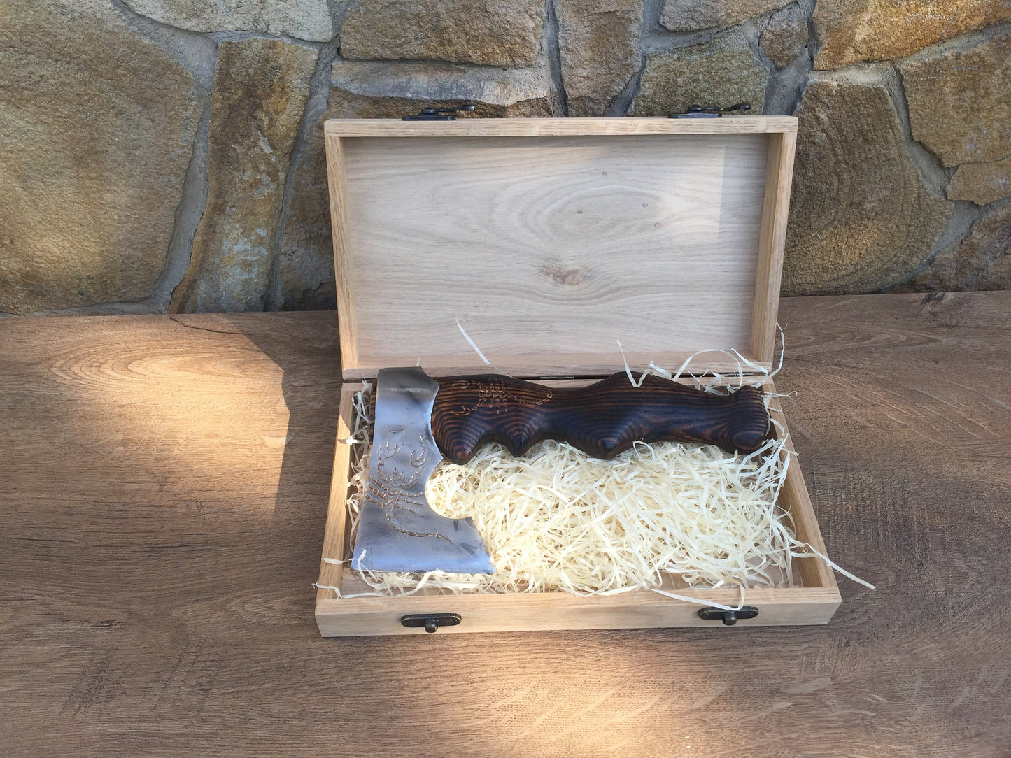 Axe in engraved wooden box, personalized gift, gift for men, viking axe, his birthday gift, tomahawk, axe, hatchet, viking, iron anniversary