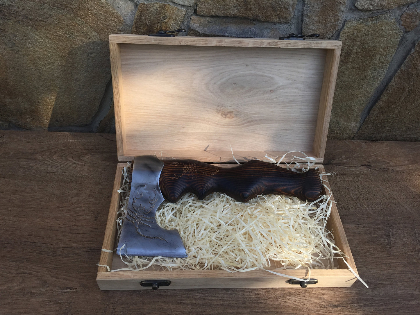 Axe in engraved wooden box, personalized gift, gift for men, viking axe, his birthday gift, tomahawk, axe, hatchet, viking, iron anniversary