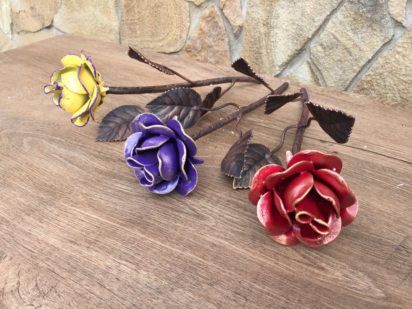 A set of three multi-color roses, 6th anniversary gift for her, iron rose, iron anniversary gift for her, iron gifts for her, iron rose