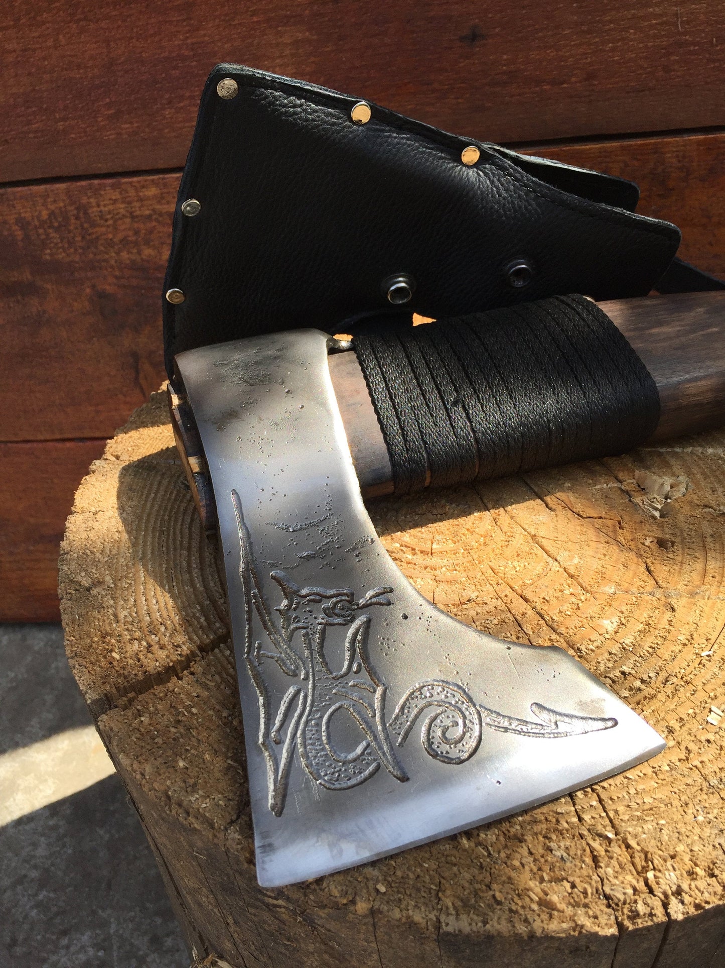 Viking axe with leather sheath, axe sheath, engraved axe, tomahawk, axe, viking hatchet, custom axe, bearded hatchet, battle axe, war axe