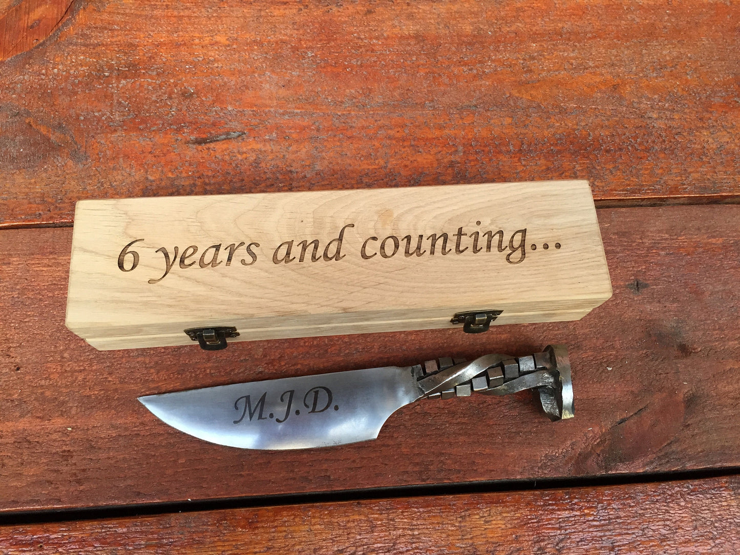Railroad spike knife in engraved casket/wooden box, iron anniversary gift for him, 6 year anniversary gift for him, industrial art,iron gift
