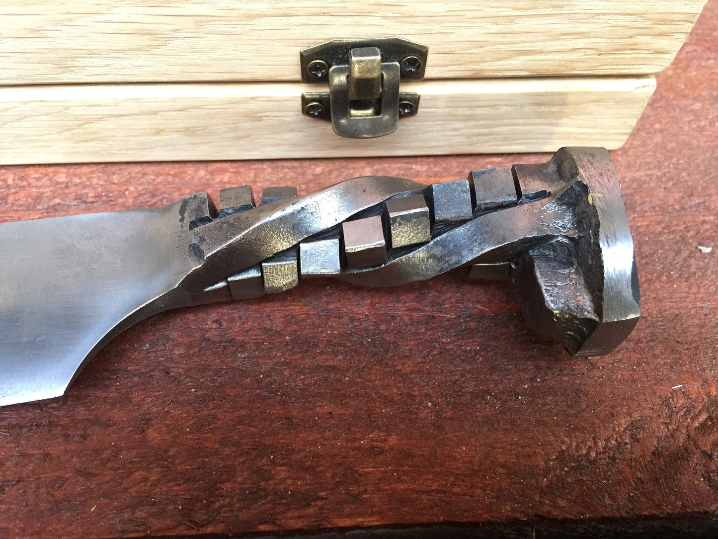 Railroad spike knife in engraved casket/wooden box, iron anniversary gift for him, 6 year anniversary gift for him, industrial art,iron gift