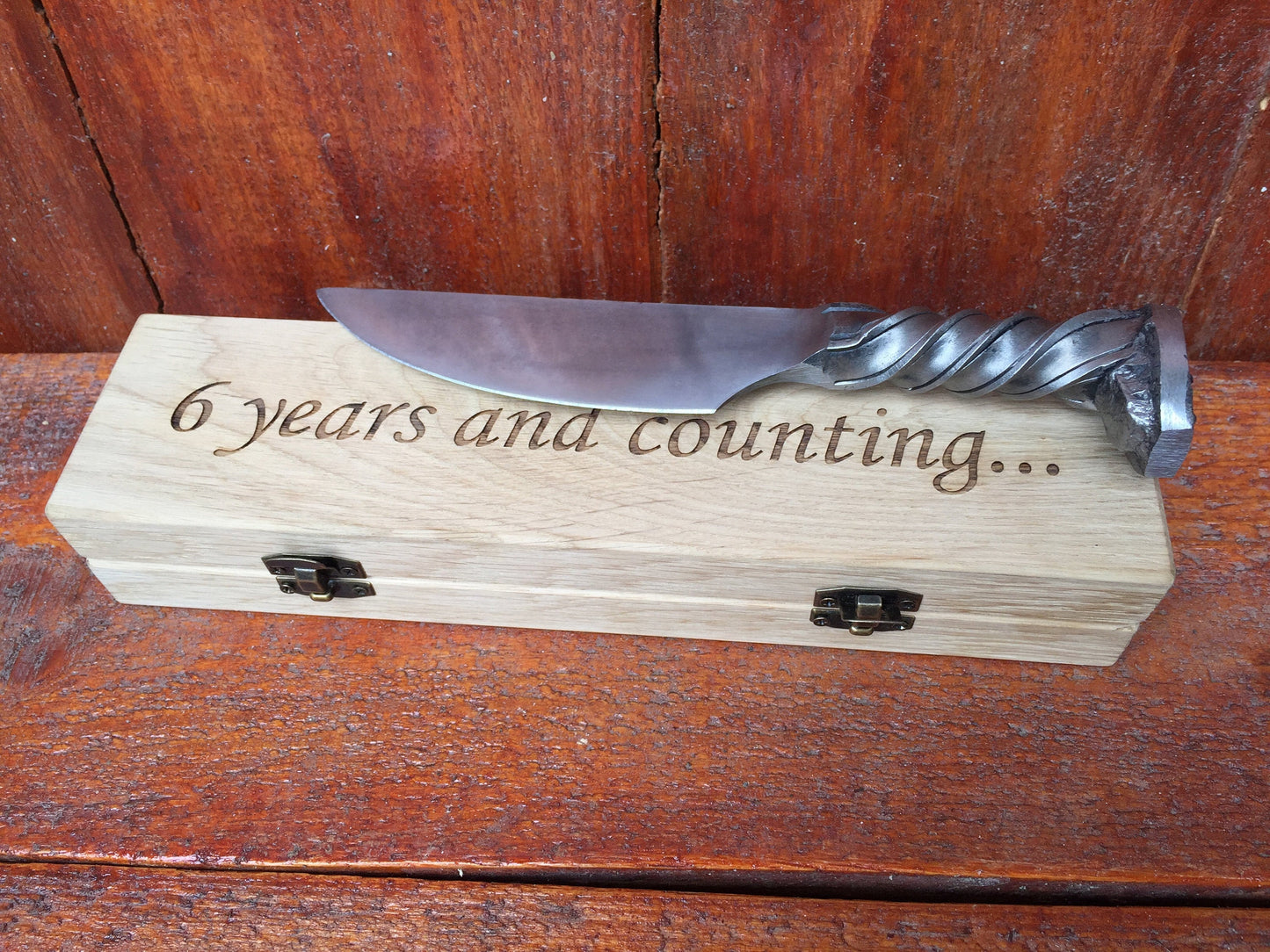 Railroad spike knife in engraved casket/wooden box, iron anniversary gift for him, 6 year anniversary gift for him, industrial art,iron gift