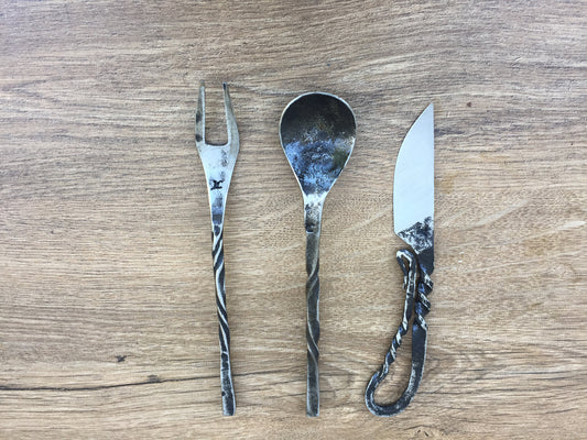 Medieval cutlery, knife, spoon, skewer, middle ages cutlery, camp equipment, grill tools, forged flatware, dining set, viking, fork, kitchen