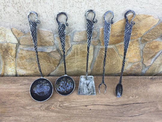 Medieval cutlery, ladle, ladle water dipper, spatula, fork, spoon, middle ages cutlery, camp equipment, serving utensils, kitchen utensils