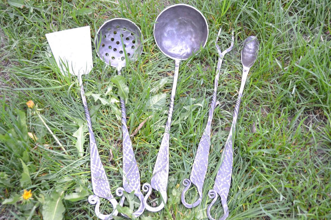 Medieval cutlery, ladle, ladle water dipper, spatula, fork, spoon, middle ages cutlery, camp equipment, serving utensils, kitchen utensils
