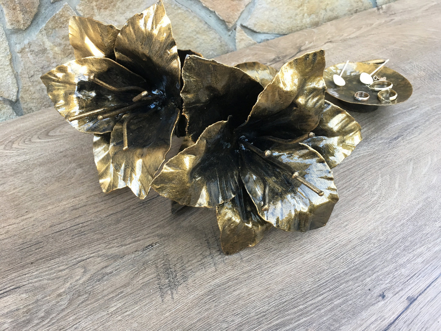 Iron ring dish, iron anniversary gift for her, wedding rings holder, jewelry storage, lily flowers, bouquet of flowers,forged lily,iron rose