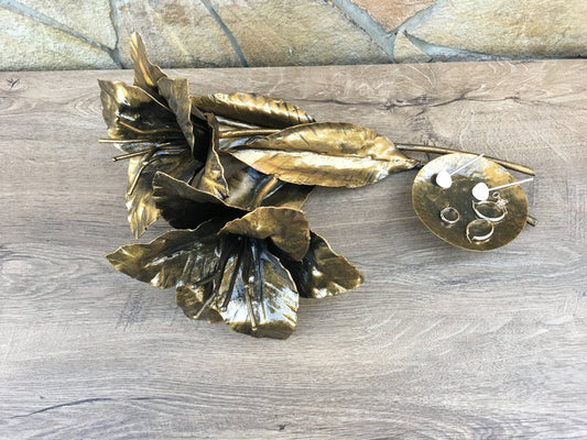 Iron ring dish, iron anniversary gift for her, wedding rings holder, jewelry storage, lily flowers, bouquet of flowers,forged lily,iron rose