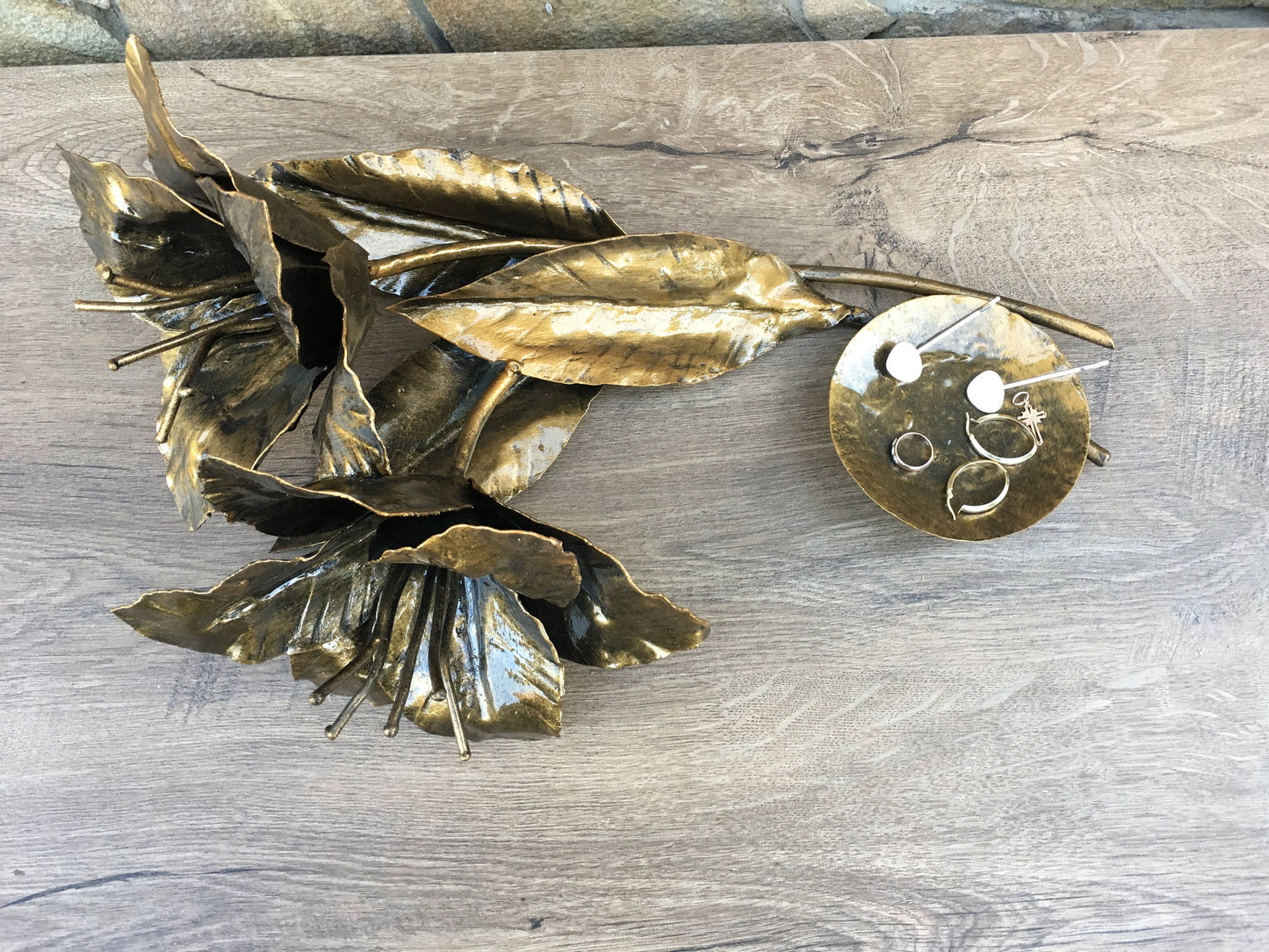 Iron ring dish, iron anniversary gift for her, wedding rings holder, jewelry storage, lily flowers, bouquet of flowers,forged lily,iron rose
