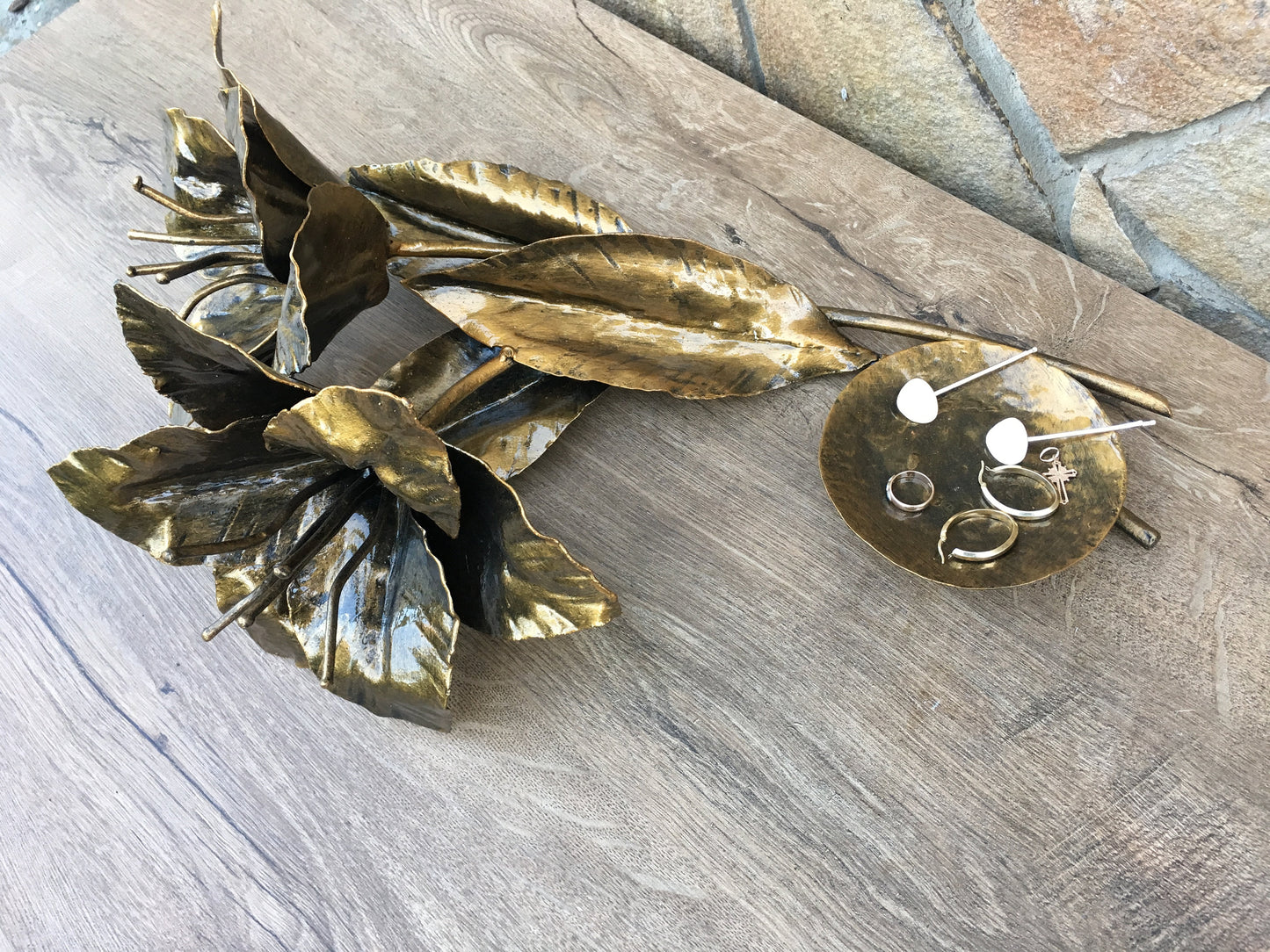 Iron ring dish, iron anniversary gift for her, wedding rings holder, jewelry storage, lily flowers, bouquet of flowers,forged lily,iron rose