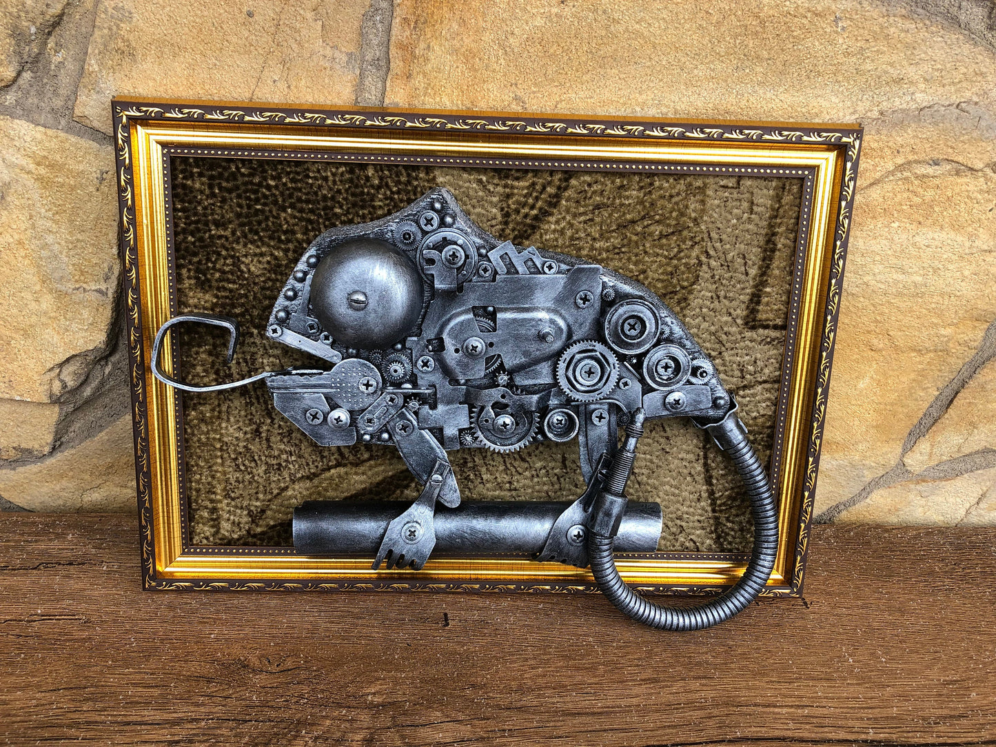 Steampunk painting, steampunk chameleon, steampunk poster, metalic ornament, gears, wall decor, steampunk room decor, junk art,steampunk art