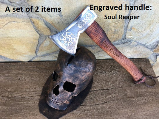 Axe holder with axe, axe stand, viking axe, Halloween gift, mens gifts, metal skull,manly gifts,medieval,tomahawk,gift for him,gifts for men
