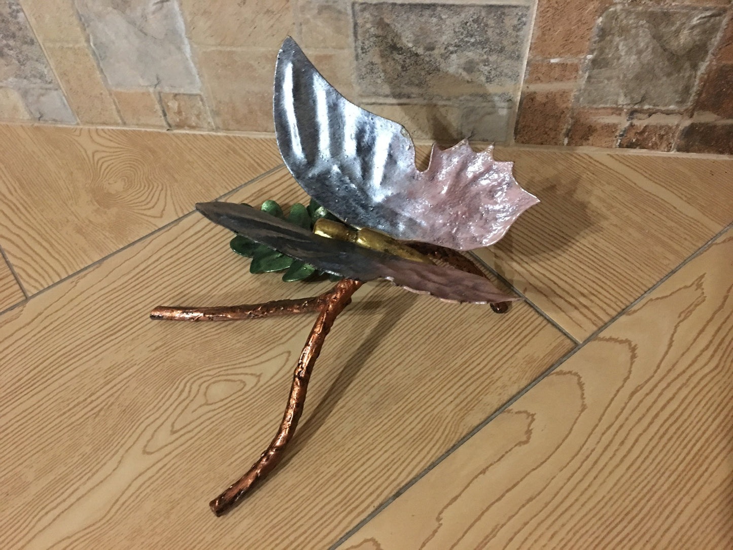Metal butterfly on an oak branch, hand forged butterfly, metal acorn, metal oak leaf, butterfly figurine, butterfly art, butterfly gifts