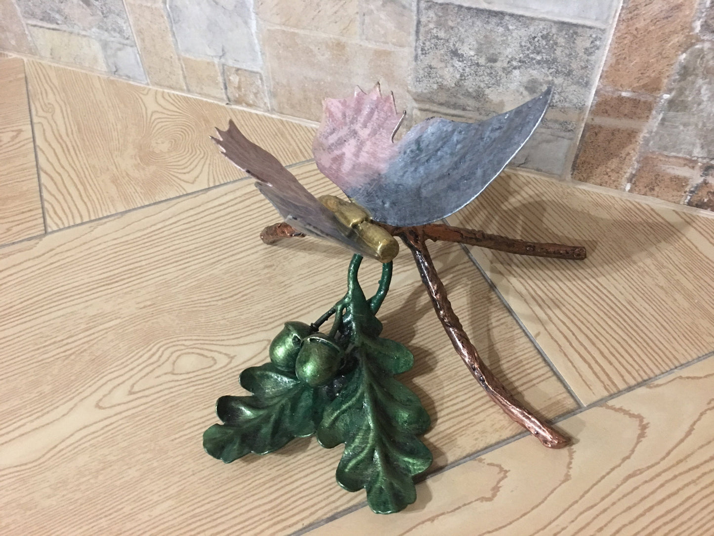 Metal butterfly on an oak branch, hand forged butterfly, metal acorn, metal oak leaf, butterfly figurine, butterfly art, butterfly gifts