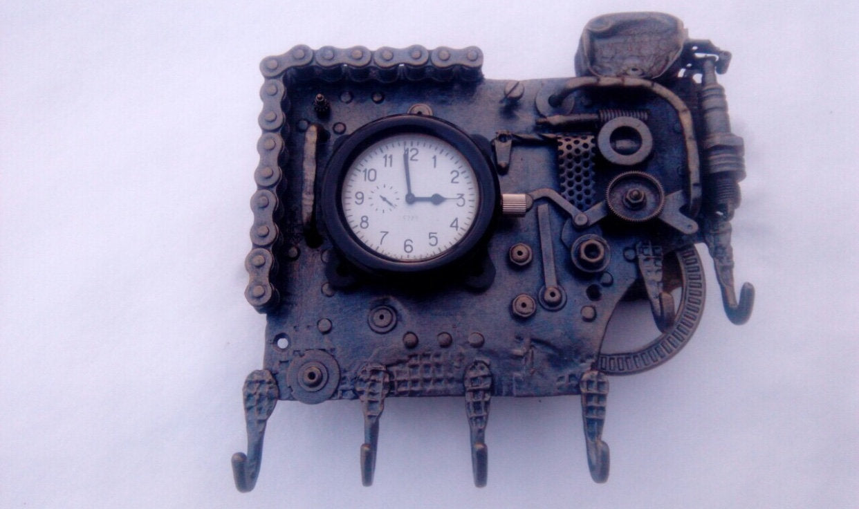 Steampunk wall clock, steampunk clock, steampunk, hooks, shelf, rack, hallway decor, steampunk hooks, wall hooks, industrial decor, clock
