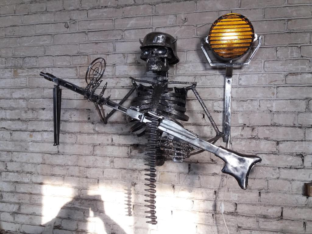 Horror light, wall sconce, sconce, lantern, skeleton, skull art, wall lantern, weapon, horror, Halloween decor, horror skull, dark decor