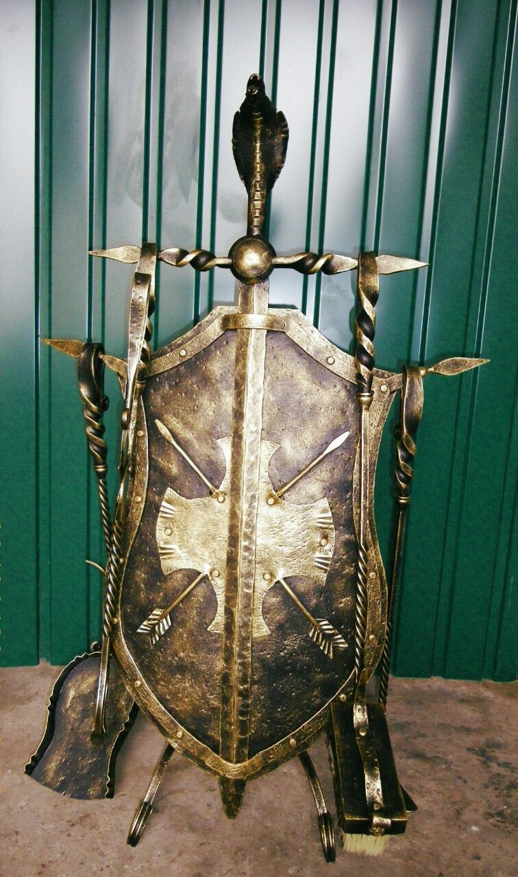 Fireplace tools, medieval shield, medieval viking, fireplace tool set, medieval clothing, fireplace, fireplace decor, LARP armor, SCA armor