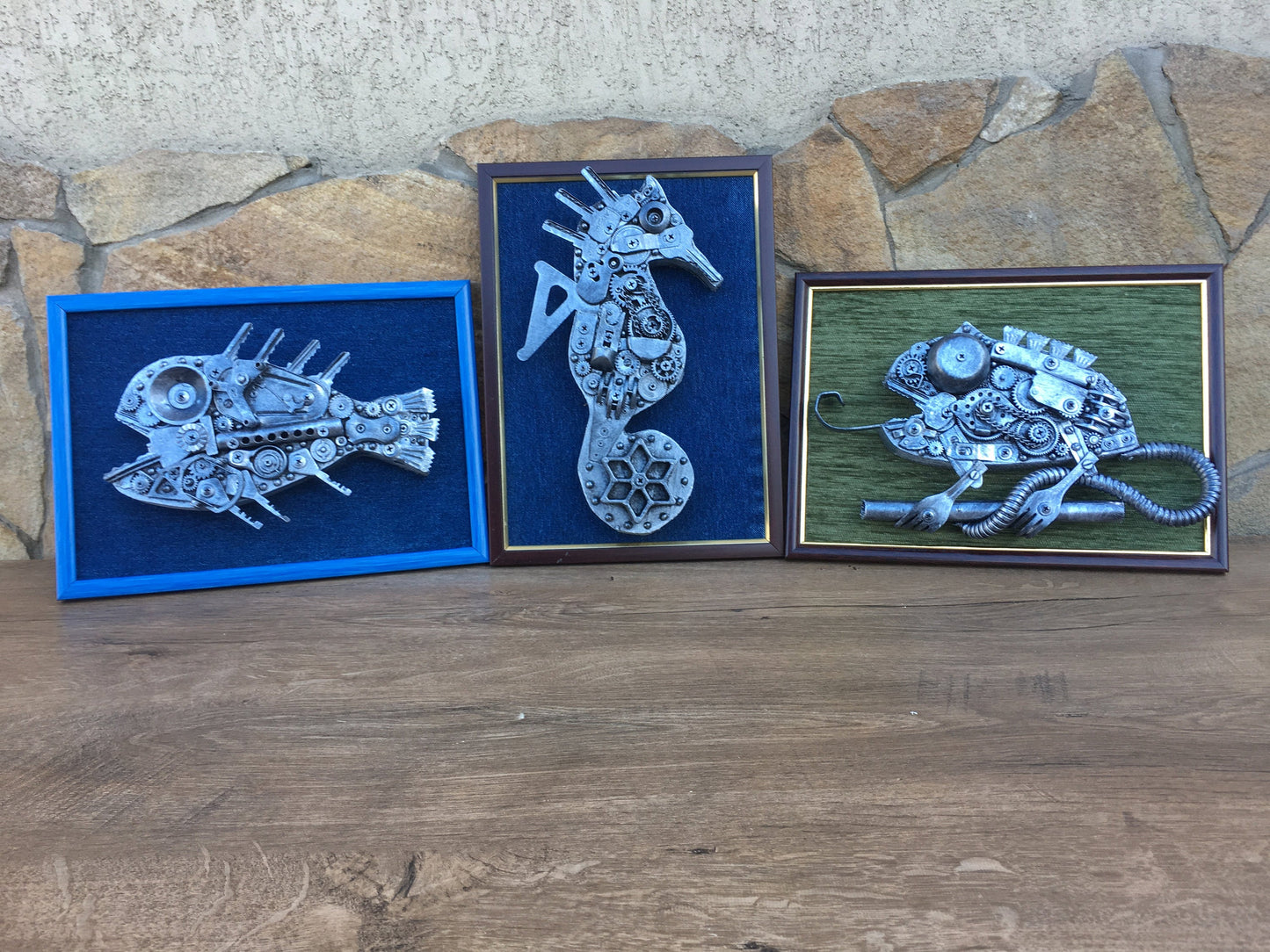 Steampunk painting, steampunk wall decor, steampunk wall hanging, steampunk wall art, steampunk wall sculpture, seahorse, chameleon, fish
