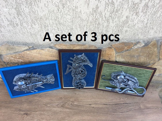 Steampunk painting, steampunk wall decor, steampunk wall hanging, steampunk wall art, steampunk wall sculpture, seahorse, chameleon, fish