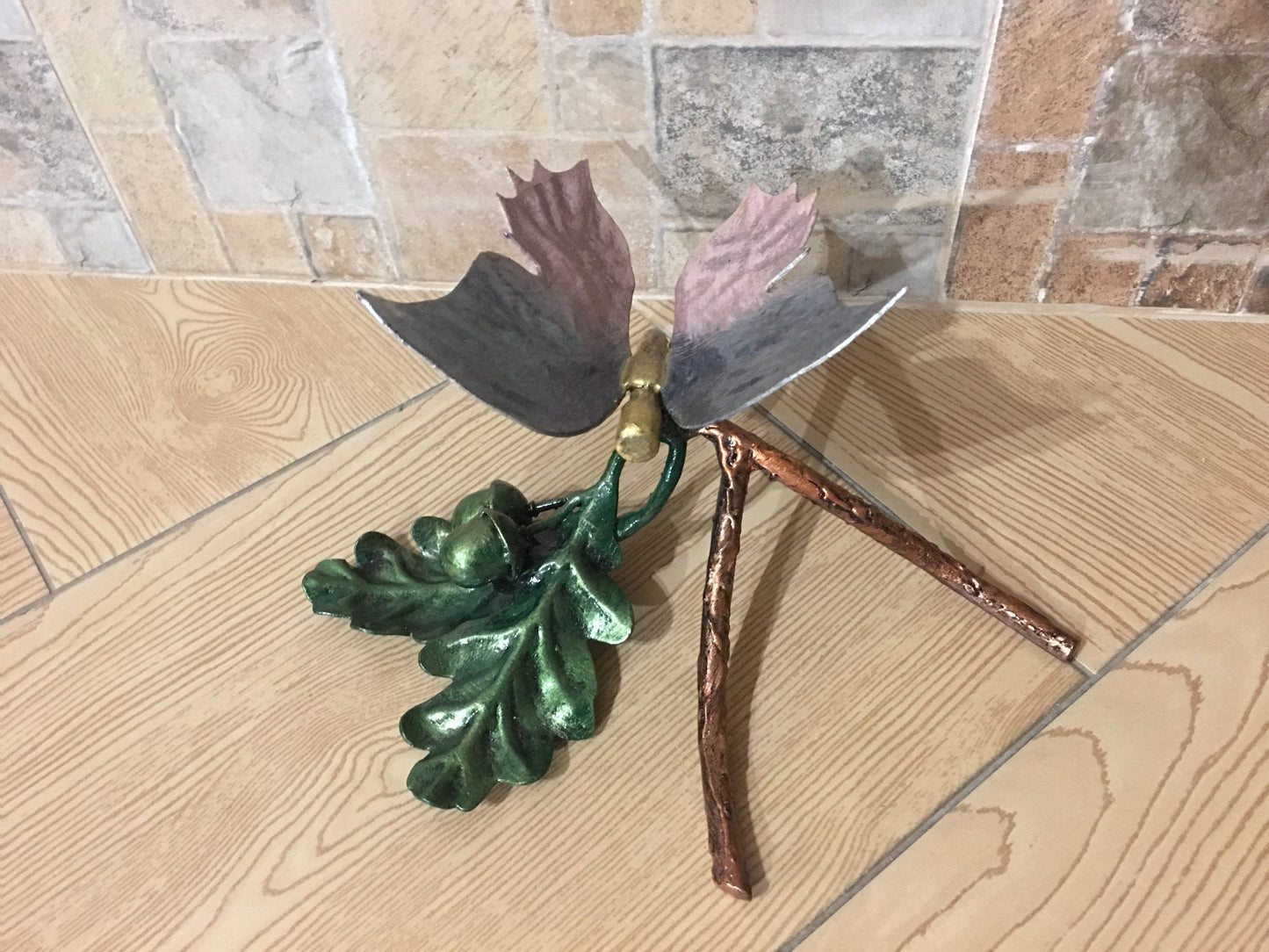 Metal butterfly on an oak branch, hand forged butterfly, metal acorn, metal oak leaf, butterfly figurine, butterfly art, butterfly gifts