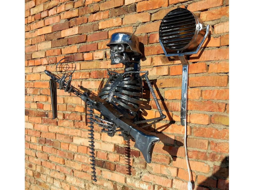 Horror light, wall sconce, sconce, lantern, skeleton, skull art, wall lantern, weapon, horror, Halloween decor, horror skull, dark decor