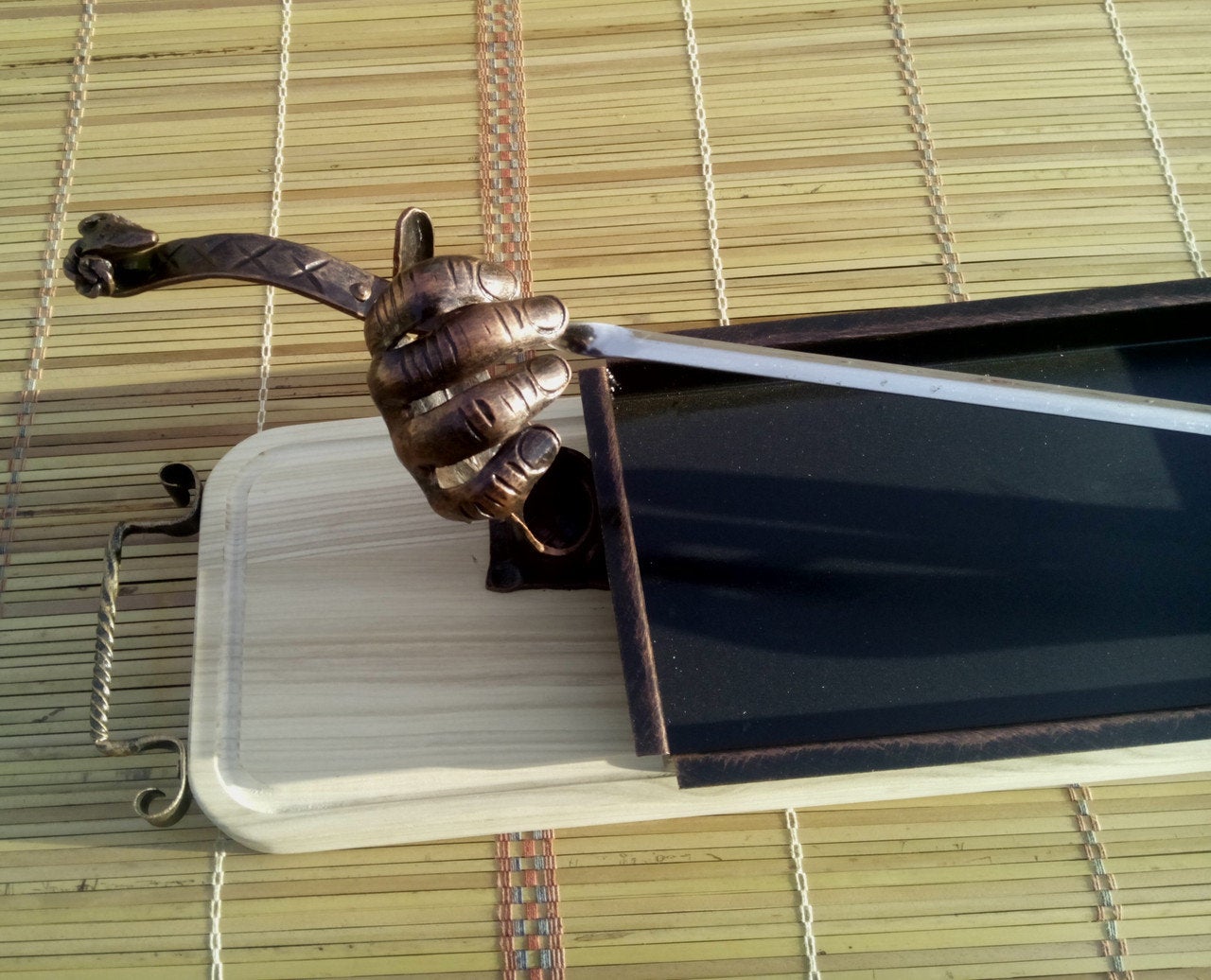 Skewer holder, skewers for grilling, serving utensils, serving skewer tray, hand forged skewers, iron gifts, kebab skewers, dinner party