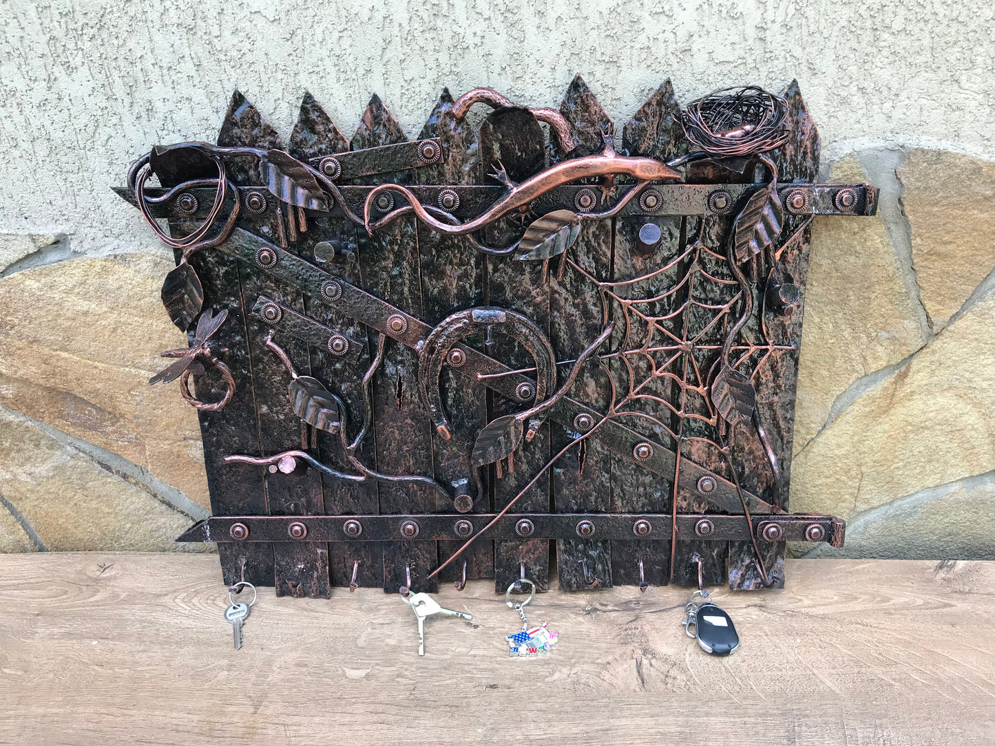 Wall key holder, key holder, key holder for wall, key rack, key hanger, entryway furtiture, lizard, fence decor, spider web, dragonfly, axe