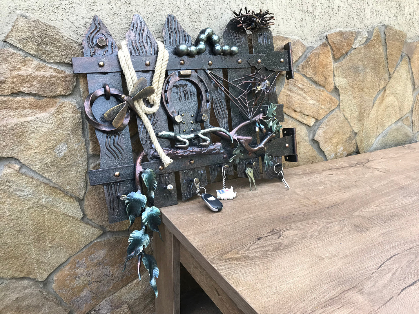 Iron gift, key holder, key organizer, catepillar, nest, rope, spider, oak, acorn, dragonfly, entrance decor, hallway decor, iron decor, axe