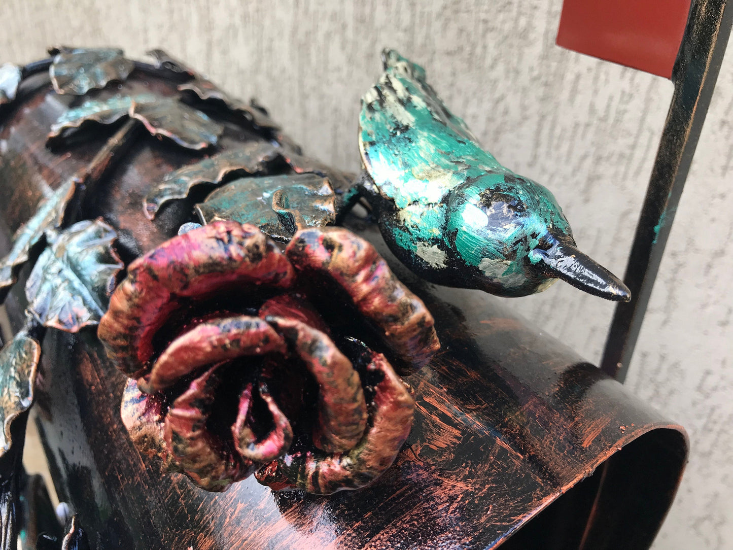 Mail box, mailbox, viking axe, floral decor, iron rose, iron bird, ivy, fairy, wedding mailbox, mail box post, fairy garden, dragonfly, axe