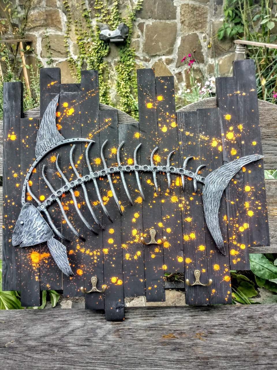 decorative fish wall hooks Hook clothes, hooks, wall hooks, Hook for wall, fish decor, hanger, clothes hanger, hand forged fish, wooden gift, wooden anniversary gift